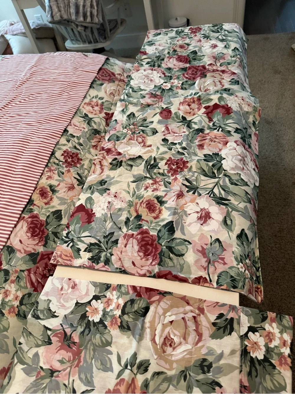 Vintage Croscill Cottage Rose (1) and (2) Red Ticking Stripe Valances- set